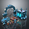 Enchanting Fantasy Landscape With Blue Architectural Arches Iron Gates Wooden Boats And Candles