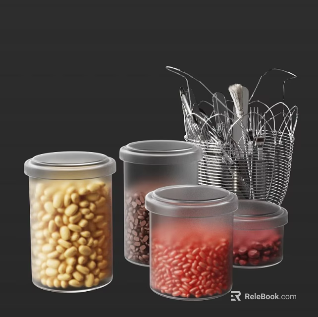 Transparent Storage Jars With Beans And Metal Utensil Holder For Kitchen Utensils 3d model 