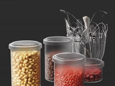 Transparent Storage Jars With Beans And Metal Utensil Holder For Kitchen Utensils 3d model