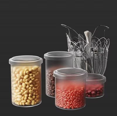 Transparent Storage Jars With Beans And Metal Utensil Holder For Kitchen Utensils 3d model