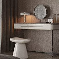 Modern Dressing Table With Round Mirror Table Lamp And White Stool For Bedroom 3d model