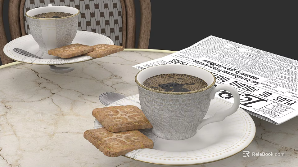 Elegant White Patterned Tableware Set with Coffee Cups Saucers and Cookies on Marble Tabletop 3d model 