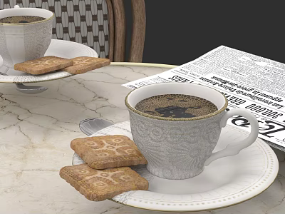 Elegant White Patterned Tableware Set with Coffee Cups Saucers and Cookies on Marble Tabletop 3d model