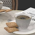 Elegant White Patterned Tableware Set with Coffee Cups Saucers and Cookies on Marble Tabletop 3d model
