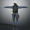 Police Officer in Blue POLICE Uniform with Tactical Vest Knee Pads Boots Arms Outstretched