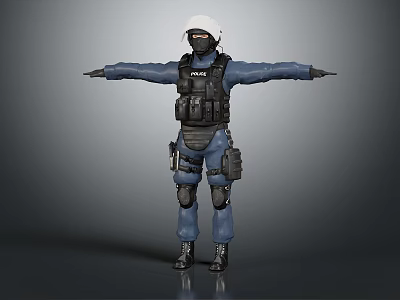 Police Officer in Blue POLICE Uniform with Tactical Vest Knee Pads Boots Arms Outstretched 3d model