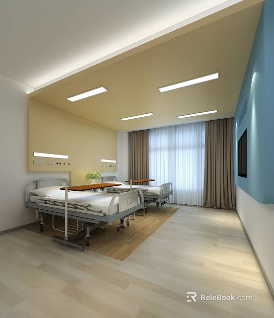 Modern Hospital Room Interior With Two Beds Beige Walls Blue Accent And Curtained Window 3d model 