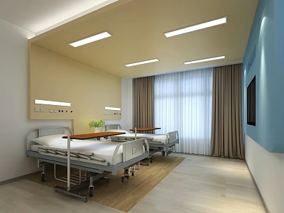 Modern Hospital Room Interior With Two Beds Beige Walls Blue Accent And Curtained Window 3d model