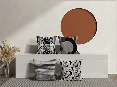 Abstract Black And White Patterned Decorative Pillows On White Platform With Circular Brown Wall Decor 3d model
