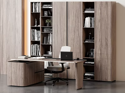 Modern Office Desk Setup With Wooden Bookshelves Books Laptop And Office Chair 3d model