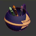 Stylish Blue Pen Holder With Gold Decoration And Colored Crayons
