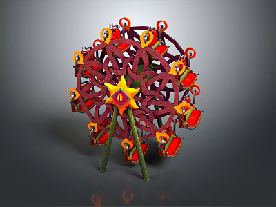 Red Ferris Wheel With Yellow Star Decoration Red Cabins And Green Support Frames 3d model