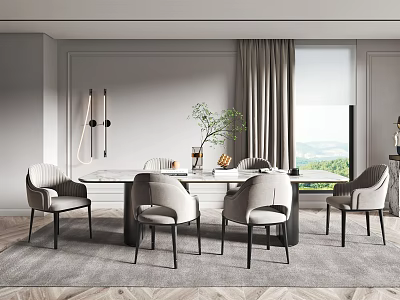 Elegant Modern Restaurant Interior With White Dining Table Grey Chairs Green Plant And Window View 3d model