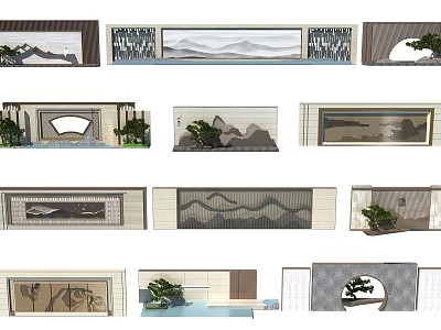 Modern Scenic Feature Wall Designs With Mountain Patterns And Green Plants 3d model