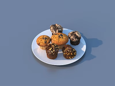Assorted Fresh Baked Muffins on White Plate with Nuts and Chocolate Toppings 3d model