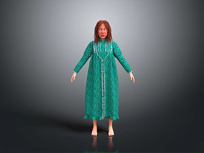 Woman In Green Long Dress With White Trim Standing Barefoot Against Gray Background 3d model