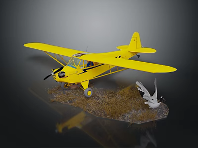 Yellow Passenger Plane Model With Propeller And White Bird On Grass Stone Base 3d model