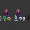 Colorful Small Figures And Purple Octopus Like Creatures With Pink Tops And Metal Structures