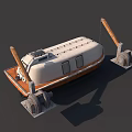 White Cabin Structure With Brown Supports And Metal Wheels On Base 3d model