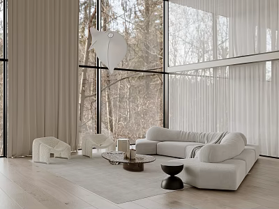 Duplex Living Room Modern Interior With Large Windows Natural Views White Sofa And Coffee Table 3d model