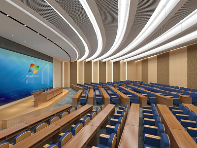 Modern Conference Room Interior Design With Large Screen Podium Blue Seats And Wooden Tables 3d model