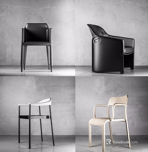 Modern Minimalist Leisure Chair Collection With Leather Fabric Black White Beige Armrest And Legs 3d model 