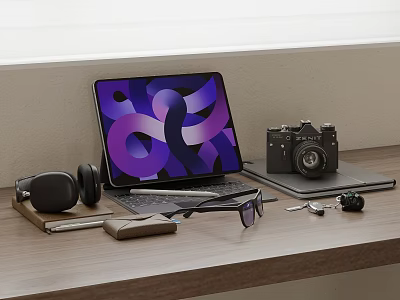 Sleek Modern Tablet on Wooden Desk With Camera Headphones And Glasses 3d model