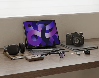 Sleek Modern Tablet on Wooden Desk With Camera Headphones And Glasses 3d model