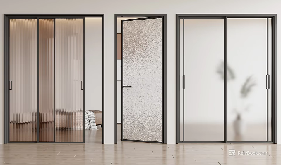 Stylish Modern Interior Sliding Doors with Various Glass Designs and Black Frames 3d model