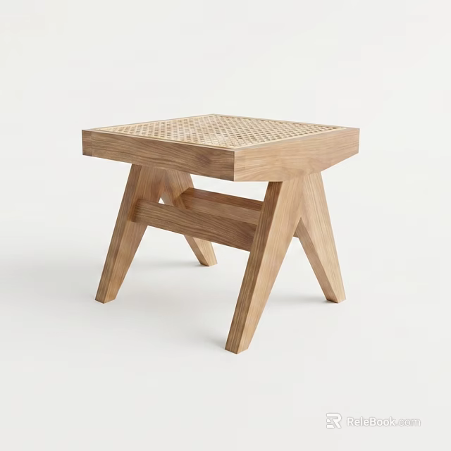 Wooden Stool With Square Seat And Woven Texture Crossed Legs Design 3d model 