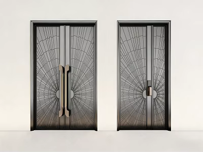 Modern Double Doors With Radial Pattern Metal Frame And Glass Panels 3d model