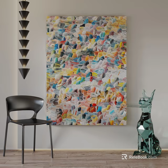 Interior Scene With Colorful Abstract Painting Black Chair Glass Sculpture And Pendant Light 3d model 