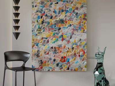 Interior Scene With Colorful Abstract Painting Black Chair Glass Sculpture And Pendant Light 3d model