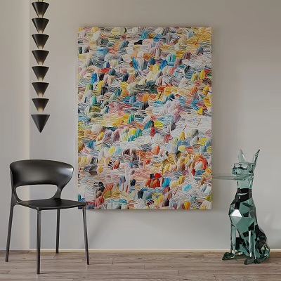Interior Scene With Colorful Abstract Painting Black Chair Glass Sculpture And Pendant Light 3d model
