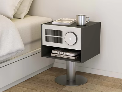 Modern Black White Bedside Table With Silver Mug Notebook Radio Books on Metal Stand 3d model