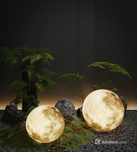 Moon Shaped Floor Lamp Modern Design With Green Ferns Stones And Dark Background 3d model 