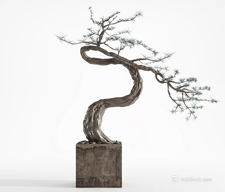 Artistic Bonsai Plant With Curved Trunk And Pine Needle Like Leaves On Wooden Base 3d model 