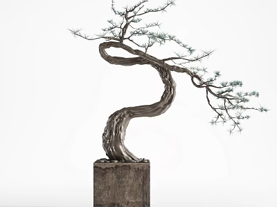 Artistic Bonsai Plant With Curved Trunk And Pine Needle Like Leaves On Wooden Base 3d model