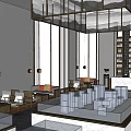 Elegant Sales Office Interior With Model Display Sofa Seating And Pendant Lights