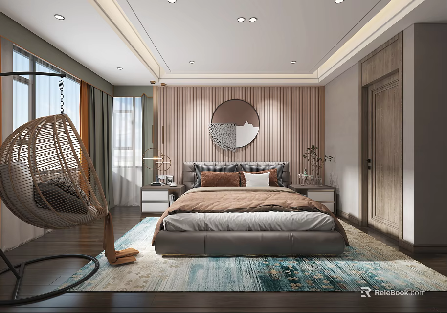 Modern Bedroom Interior With Woven Rattan Hanging Chair Circular Mirror Bedside Tables And Decorative Rug 3d model 