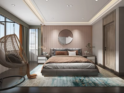 Modern Bedroom Interior With Woven Rattan Hanging Chair Circular Mirror Bedside Tables And Decorative Rug 3d model