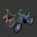 Blue Bicycle With Black Scooter And Sports Sneakers On Gray Background