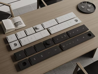 Black And White Switch Panels Displayed On Wooden Table 3d model