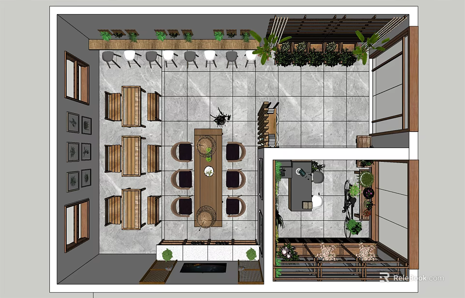 Modern Milk Tea Shop Interior With Comfortable Seating Green Plants And Bright Layout 3d model 