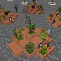 Square Brick Wooden Flower Planters With Green Plants People Resting Walking Around Gray Stone Pavement