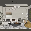 Modern Living Room With Beige Sofa Round Black Coffee Table White Rug And Green Plant
