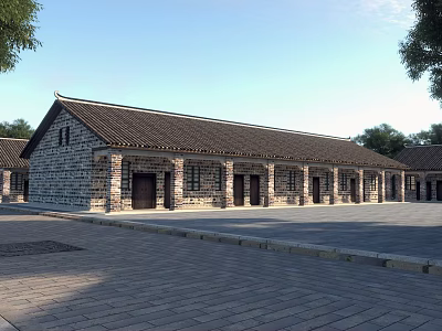 Traditional Commercial Street With Stone Brick Walls Tiled Roofs Multiple Doors Windows And Trees 3d model