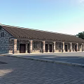 Traditional Commercial Street With Stone Brick Walls Tiled Roofs Multiple Doors Windows And Trees