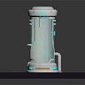 Futuristic Cylindrical Transparent Equipment with Blue Glowing Ring Base on Dark Platform