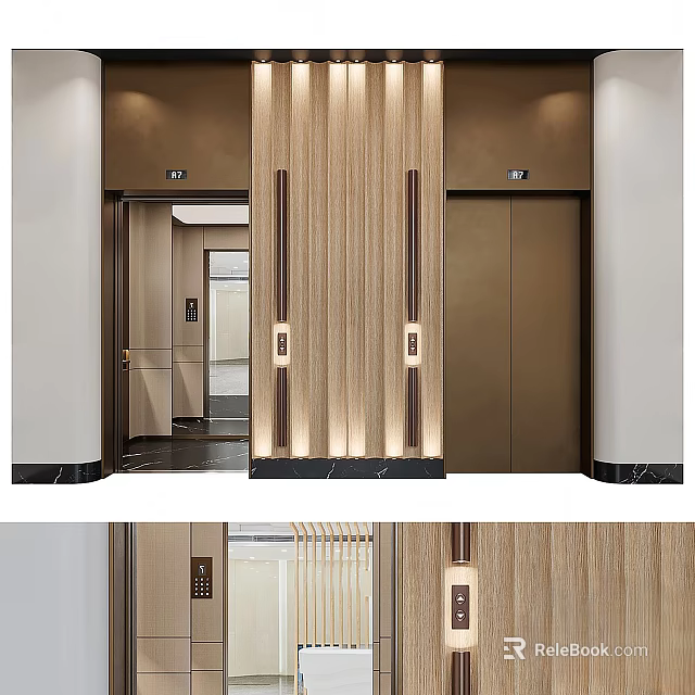Elegant Modern Elevator Lobby With Wooden Paneling Gold Doors And Lighting 3d model 